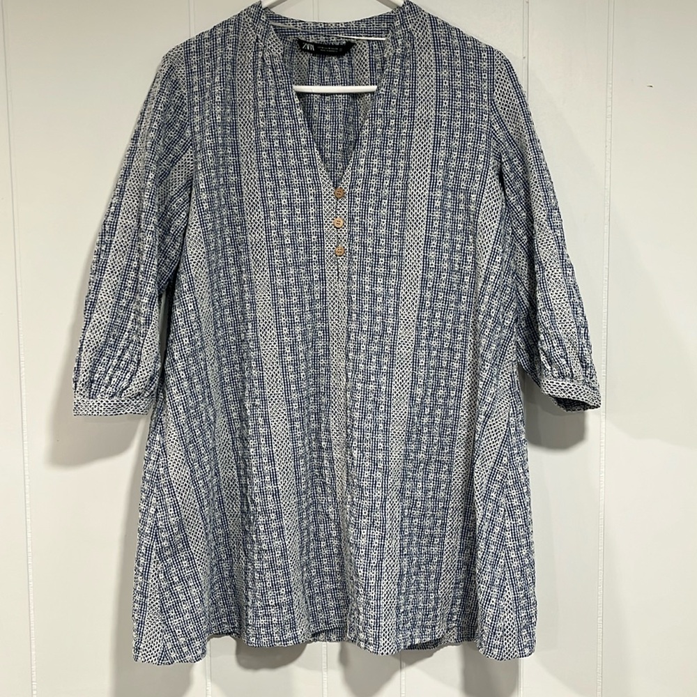 Zara Embroidered Boho Eyelet Blue White Lace Tunic Dress Womens Medium